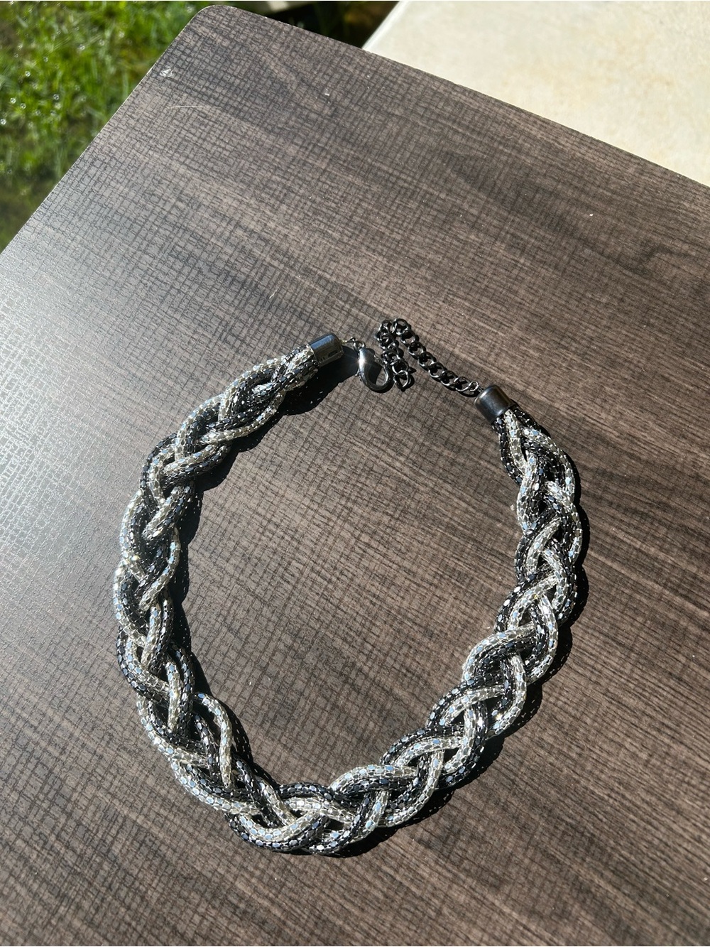 Mixed Metal Braided Mesh Statement Necklace Silver Gunmetal Chunky Woven Chain